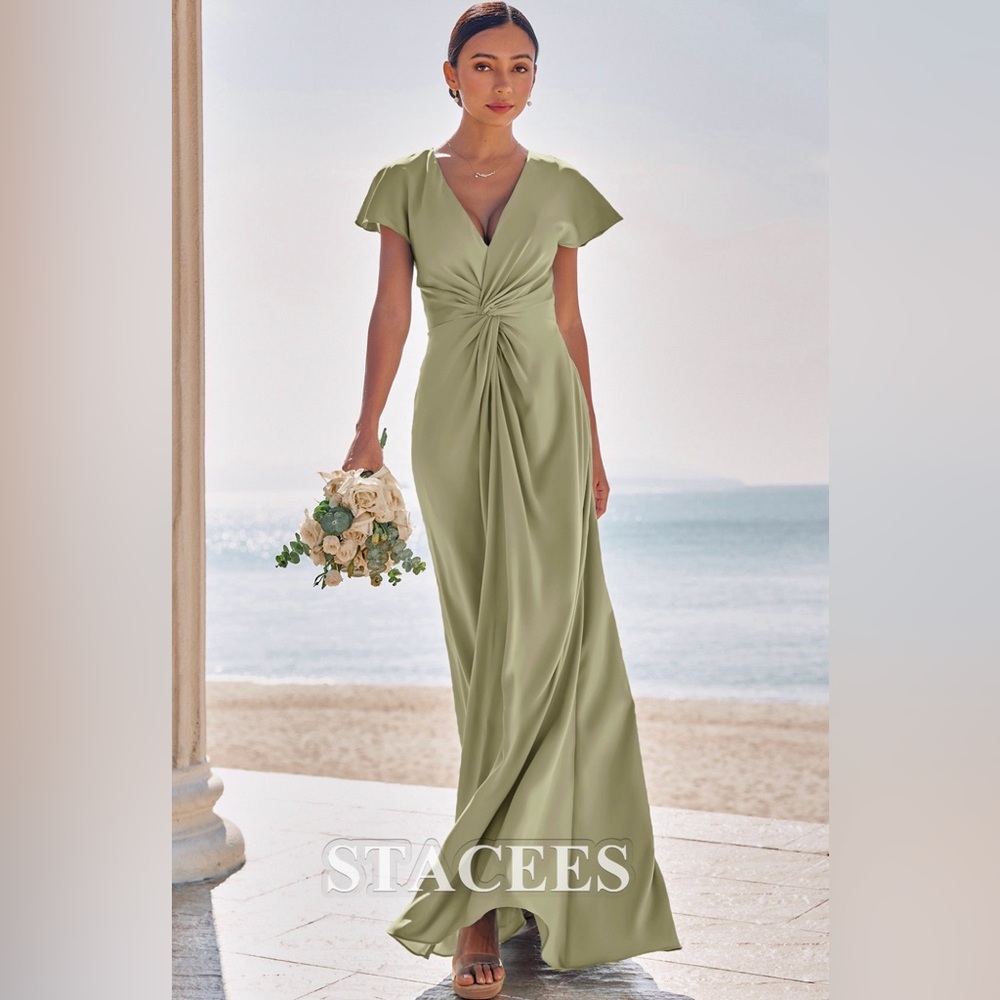 Stacees Sheath V Neck Floor-Length Stretch Satin Bridesmaid Dress - Celadon - Picture 2 of 7